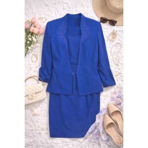 Karen Miller Wms Skirt Suit Set 14 Blue Embroidered 3pc Vintage Formal Elegant